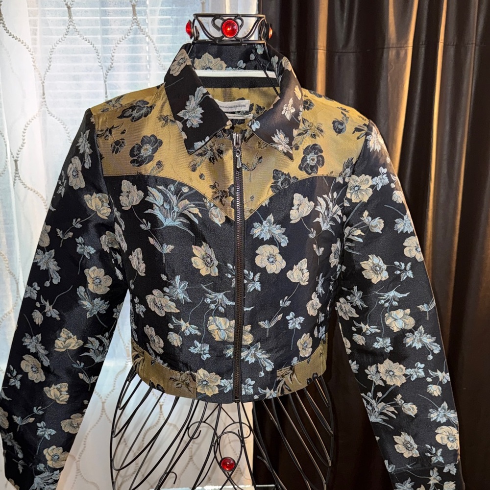 Urban Outfitters Black and Mustard Floral Cropped Jean Jacket